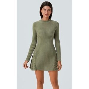 Halara Moss Green Size Large Ribbed Knit Mock Neck Long Sleeve A-Line Mini Dress